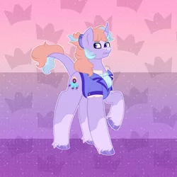 Size: 3000x3000 | Tagged: safe, artist:midnightamber, derpibooru import, oc, pony, unicorn, clothes, fancy clothing, grumpy, multicolored hair, ponytail, rainbow background, simple background, solo