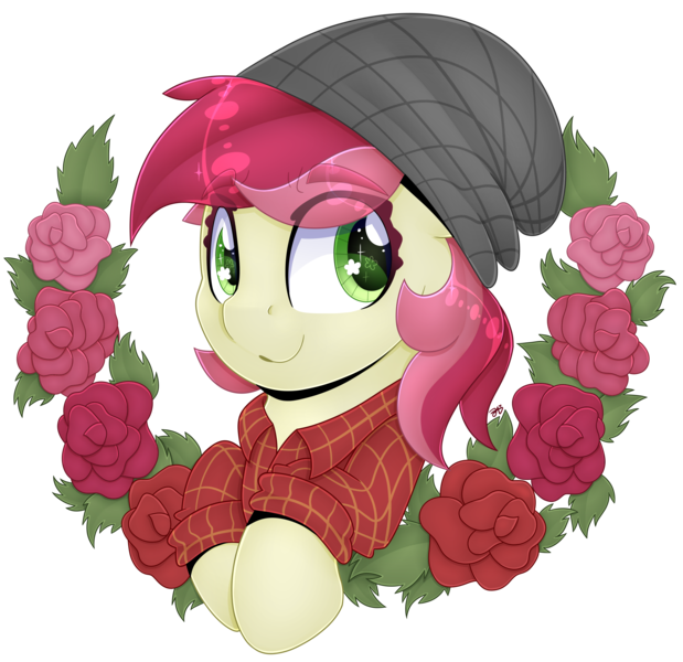Size: 3813x3696 | Tagged: safe, artist:partylikeanartist, derpibooru import, roseluck, earth pony, pony, absurd resolution, alternate design, beanie, eye clipping through hair, eyebrows, eyebrows visible through hair, flannel, flannel shirt, flower, hat, looking away, lumberjack, rose, simple background, smiling, solo, transparent background, wingding eyes, wreath