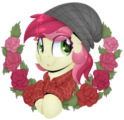 Size: 3813x3696 | Tagged: safe, artist:partylikeanartist, derpibooru import, roseluck, earth pony, pony, absurd resolution, alternate design, beanie, eye clipping through hair, eyebrows, eyebrows visible through hair, flannel, flannel shirt, flower, hat, looking away, lumberjack, rose, simple background, smiling, solo, transparent background, wingding eyes, wreath