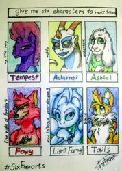 Size: 1431x2014 | Tagged: safe, artist:batrina7, derpibooru import, tempest shadow, anthro, dragon, goat, light fury, pony, unicorn, six fanarts, adamai, animatronic, anthro with ponies, asriel dreemurr, broken horn, bust, crossover, female, five nights at freddy's, foxy, horn, how to train your dragon, mare, miles "tails" prower, signature, sonic the hedgehog (series), traditional art, undertale, wakfu