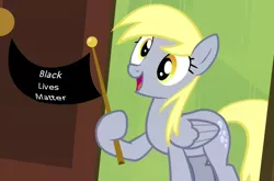 Size: 1240x819 | Tagged: barely pony related, black lives matter, cropped, derpibooru import, derpy hooves, edit, edited screencap, flag, mouthpiece, politics, rainbow falls, safe, screencap