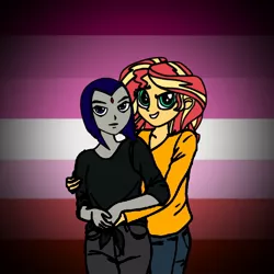 Size: 768x768 | Tagged: safe, artist:thatradhedgehog, derpibooru import, sunset shimmer, equestria girls, crossover, crossover shipping, female, hug, image, jpeg, lesbian, lesbian pride flag, pride, pride flag, pride month, raven (teen titans), shimrav, shipping, teen titans