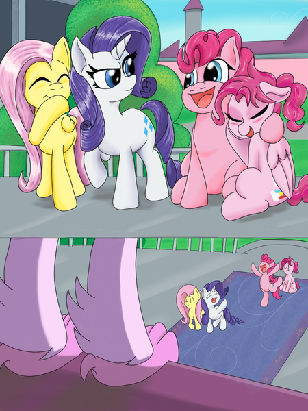 Size: 768x1024 | Tagged: safe, artist:mrleft, derpibooru import, bifröst, fluttershy, pinkie pie, rarity, silverstream, earth pony, hippogriff, pegasus, pony, unicorn, series:school snacks, friendship student, imminent vore, story in the source