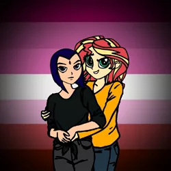 Size: 768x768 | Tagged: safe, artist:thatradhedgehog, derpibooru import, sunset shimmer, equestria girls, crossover, crossover shipping, female, hug, image, jpeg, lesbian, lesbian pride flag, pride, pride flag, pride month, raven (teen titans), shimrav, shipping, skin color edit, teen titans