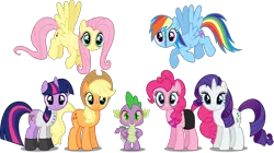 Size: 2000x1118 | Tagged: safe, artist:theedgyduck, derpibooru import, edit, vector edit, applejack, fluttershy, pinkie pie, rainbow dash, rarity, spike, twilight sparkle, dragon, earth pony, pegasus, unicorn, .mov, apple.mov, dress.mov, magic.mov, party.mov, shed.mov, spike.mov, swag.mov, alternate cutie mark, alternative hair style, bags under eyes, clothes, fluttershed, group, implied weed, mane seven, mane six, pony.mov, simple background, stitches, transparent background, vector