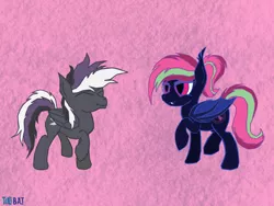 Size: 902x677 | Tagged: safe, artist:cosmiceclipsed, derpibooru import, oc, oc:sine wave, oc:zipper, unofficial characters only, bat pony, pegasus, pony, bat pony oc, bat wings, dancing, ear fluff, fangs, female, male, mare, membranous wings, pegasus oc, simple background, slit eyes, slit pupils, stallion, wings