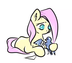 Size: 2941x2548 | Tagged: safe, artist:coco-drillo, derpibooru import, fluttershy, bird, pegasus, pony, animal, bandage, caring, concerned, ear fluff, female, looking down, lying down, mare, mending, natg2020, newbie artist training grounds, no pupils, prone, simple background, white background, wingless, worried