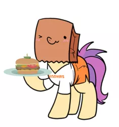 Size: 747x796 | Tagged: artist:paperbagpony, artist:ravecrocker, burger, clothes, cute, derpibooru import, female, food, hooters, oc, oc:paper bag, one eye closed, safe, shirt, shorts, simple background, white background, wink