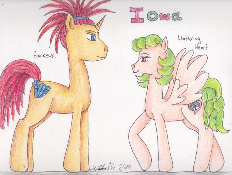 Size: 841x635 | Tagged: safe, artist:pristine1281, derpibooru import, oc, oc:hawkeye, oc:nurturing heart, pegasus, pony, unicorn, female, iowa, male, mare, stallion, state ponies, traditional art