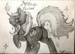 Size: 1935x1385 | Tagged: safe, artist:reekosukanku, derpibooru import, oc, oc:ambrosia firehoof, pony, unicorn, butt, male, monochrome, plot, solo, stallion, traditional art