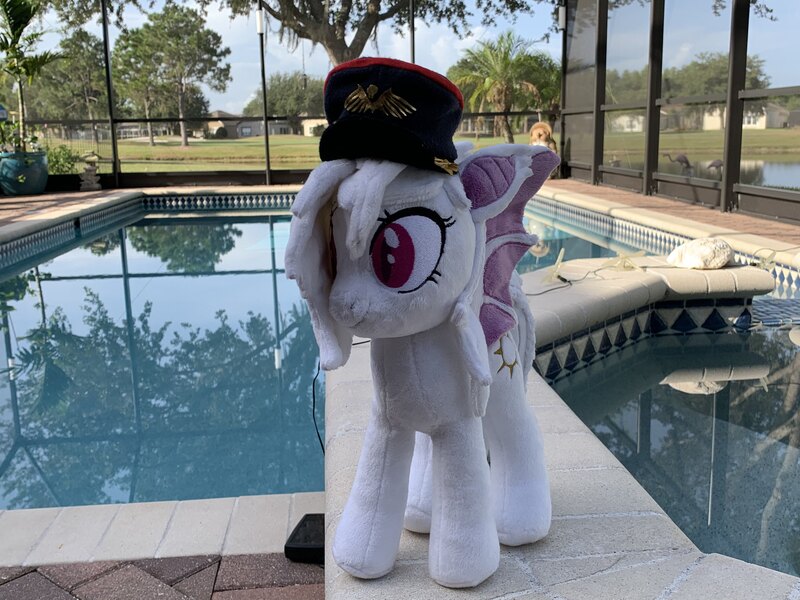 Size: 4032x3024 | Tagged: safe, artist:epicrainbowcrafts, derpibooru import, oc, oc:shikaka, unofficial characters only, bat pony, vampire bat pony, albino, bat pony oc, bat wings, commissar hat, irl, photo, plushie, solo, wings