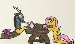 Size: 1280x754 | Tagged: safe, artist:whistle blossom, deleted from derpibooru, derpibooru import, discord, fluttershy, draconequus, pegasus, pony, cup, cute, discute, drink, drinking, duo, duo male and female, female, food, male, mare, marker drawing, shyabetes, signature, simple background, tea, tea party, teacup, teapot, tongue out, traditional art, white background