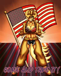 Size: 1200x1500 | Tagged: 4th of july, american flag, american flag bikini, american independence day, amerijack, anthro, applejack, artist:korencz11, badass, belt, belt buckle, breasts, busty applejack, chaps, cleavage, clothes, cowboy hat, daisy dukes, derpibooru import, female, flag bikini, hat, holiday, patriotic, patriotism, safe, shorts, solo, stetson