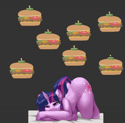 Size: 710x697 | Tagged: suggestive, artist:iloota, artist:ravecrocker, derpibooru import, edit, twilight sparkle, anthro, unicorn, animated, bedroom eyes, borgarposting, breasts, burger, cheek fluff, cheeseburger, context is for the weak, dropping, ear fluff, face down ass up, floating, food, gif, gray background, hamburger, high definition, horn, lidded eyes, looking at you, multiply, nudity, sideboob, simple background, stupid sexy twilight, twilight burgkle, vector, wat