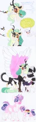 Size: 1024x3410 | Tagged: safe, artist:frozensoulpony, derpibooru import, oc, oc:aurora song, oc:chihiro, oc:ethereal, unofficial characters only, bird, hybrid, pony, unicorn, female, interspecies offspring, magical lesbian spawn, mare, offspring, parent:discord, parent:princess celestia, parent:silverstream, parent:sweetie belle, parents:dislestia, saddle, tack, traditional art