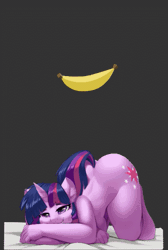 Size: 447x664 | Tagged: suggestive, artist:iloota, artist:ravecrocker, derpibooru import, edit, twilight sparkle, anthro, unguligrade anthro, unicorn, animated, banana, bedroom eyes, breasts, cheek fluff, context is for the weak, dropping, ear fluff, face down ass up, floating, food, fruit, gif, gray background, high definition, horn, lidded eyes, looking at you, multiply, nudity, oecake, sideboob, simple background, soft body physics, stupid sexy twilight, vector, wat, wiggling, yellow