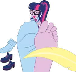 Size: 1084x1024 | Tagged: suggestive, artist:anthonygoody, derpibooru import, edit, sci-twi, twilight sparkle, equestria girls, friendship games, barefoot, clothes, feet, fetish, foot fetish, foot focus, laughing, simple background, socks, soles, solo, toes, transparent background