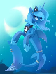 Size: 1000x1300 | Tagged: artist:liquorice_sweet, bubble, crown, derpibooru import, female, flowing mane, hoof shoes, horn, jewelry, merpony, moon, night, open mouth, original species, princess luna, regalia, safe, shark, sharkified, shark pony, signature, smiling, solo, species swap, underwater, water