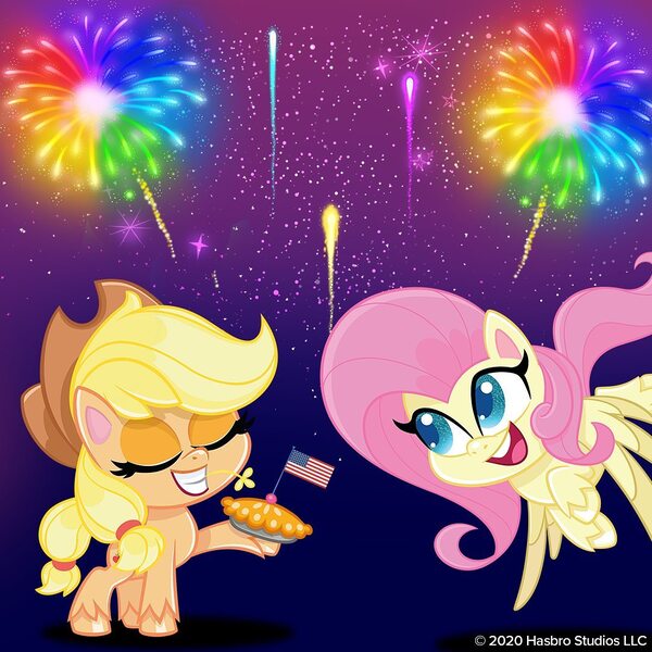 Size: 1080x1080 | Tagged: safe, derpibooru import, official, applejack, fluttershy, earth pony, pegasus, pony, my little pony: pony life, 4th of july, american flag, american independence day, eyes closed, fireworks, flag, flying, food, holiday, independence day, night, pie, united states