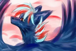 Size: 2560x1707 | Tagged: artist needed, blue fur, derpibooru import, dragon, fur, fur dragon, implied pegasus, male, oc, oc:hellfire, red eyes, safe, sky, wings