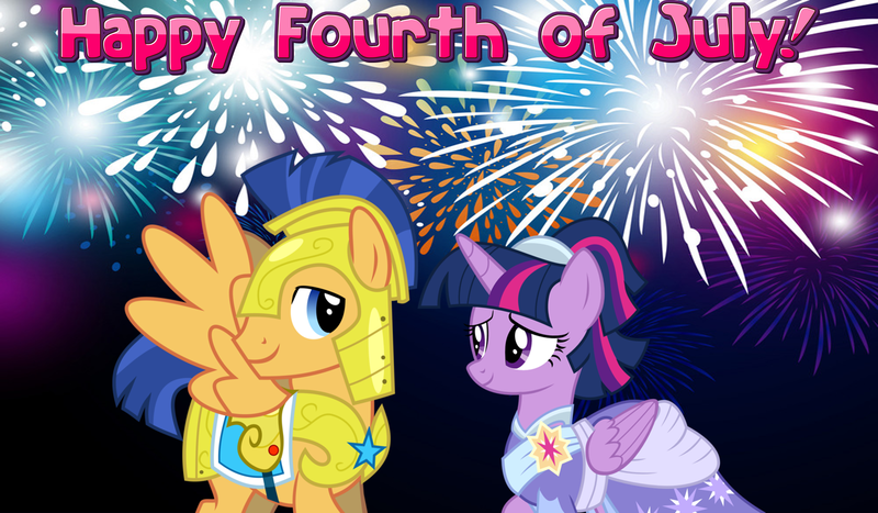 Size: 2064x1204 | Tagged: safe, derpibooru import, flash sentry, twilight sparkle, twilight sparkle (alicorn), alicorn, the last problem, 4th of july, armor, clothes, coronation dress, dress, female, fireworks, flashlight, holiday, looking at each other, male, royal guard, royal guard armor, second coronation dress, shipping, smiling, straight