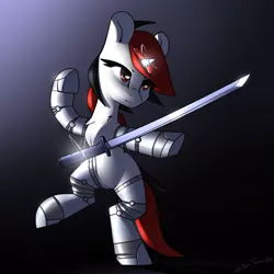 Size: 2400x2400 | Tagged: safe, artist:shido-tara, derpibooru import, oc, oc:blackjack, unofficial characters only, cyborg, pony, unicorn, fallout equestria, fallout equestria: project horizons, augmented, cyber legs, fanfic art, glowing horn, horn, magic, magic aura, simple background, small horn, staying, sword, telekinesis, weapon