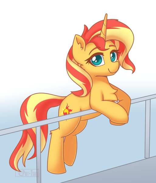 Size: 1426x1669 | Tagged: safe, artist:puetsua, derpibooru import, sunset shimmer, pony, unicorn, backwards cutie mark, bipedal, bipedal leaning, chest fluff, cute, ear fluff, female, handrail, leaning, lidded eyes, looking at you, mare, raised leg, shimmerbetes, smiling, solo