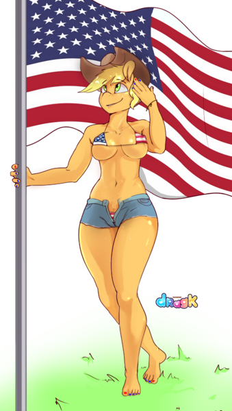 Size: 1738x3080 | Tagged: suggestive, artist:dragk, derpibooru import, applejack, anthro, earth pony, 2020, 4th of july, american flag bikini, amerijack, applejack's hat, barefoot, bikini, breasts, busty applejack, clothes, cowboy hat, daisy dukes, feet, flag, flag bikini, flag pole, freckles, grass, hat, holiday, pubic fluff, salute, shorts, simple background, solo, swimsuit, transparent background, unbuttoned, united states