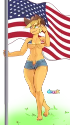 Size: 1738x3080 | Tagged: suggestive, artist:dragk, derpibooru import, applejack, anthro, earth pony, 2020, 4th of july, american flag bikini, amerijack, applejack's hat, barefoot, bikini, breasts, busty applejack, clothes, cowboy hat, daisy dukes, feet, flag, flag bikini, flag pole, freckles, grass, hat, holiday, pubic fluff, salute, shorts, simple background, solo, swimsuit, transparent background, unbuttoned, united states