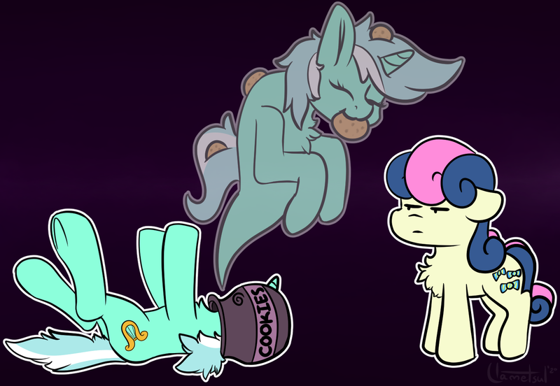 Size: 1495x1032 | Tagged: safe, artist:llametsul, derpibooru import, bon bon, lyra heartstrings, sweetie drops, earth pony, ghost, ghost pony, undead, unicorn, annoyed, atg 2020, bon bon is not amused, chest fluff, cookie, cookie jar, cute, cutie mark, eating, female, food, horn, l.u.l.s., lesbian, lyrabetes, lyrabon, mare, newbie artist training grounds, shipping, simple background, smiling, this ended in death, unamused, worth it