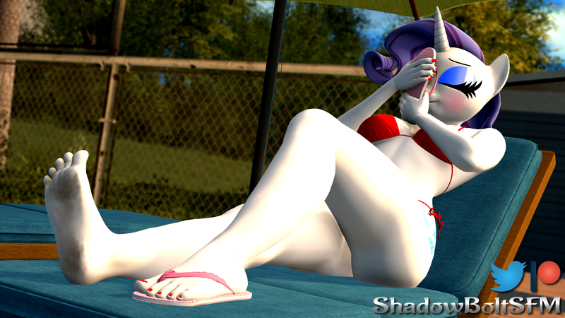 Size: 2880x1620 | Tagged: 3d, anthro, artist:shadowboltsfm, barefoot, bikini, breasts, clothes, commission, derpibooru import, dirt, dirty, dirty feet, eyelashes, eyeshadow, feet, fetish, flip-flops, foot fetish, high res, legs, lounge chair, makeup, nail polish, olfactophilia, plantigrade anthro, questionable, rarity, sniffing, soles, source filmmaker, swimsuit, toenail polish, toes