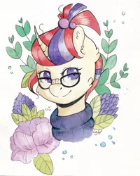 Size: 2219x2774 | Tagged: safe, artist:lightisanasshole, derpibooru import, moondancer, pony, unicorn, bubble, bust, cheek fluff, clothes, curved horn, cute, dancerbetes, ear fluff, female, flower, glasses, horn, looking at you, mare, messy mane, nerdy, plant, ponytail, portrait, smiling, solo, three quarter view, traditional art