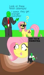 Size: 1069x1815 | Tagged: safe, artist:legendoflink, derpibooru import, fluttershy, oc, oc:anon, human, pony, /mlp/, axe, clothes, dialogue, fear, flutterrape, giant pegasus, giant pony, hiding, macro, meme, redraw, snorkel, sweat, weapon