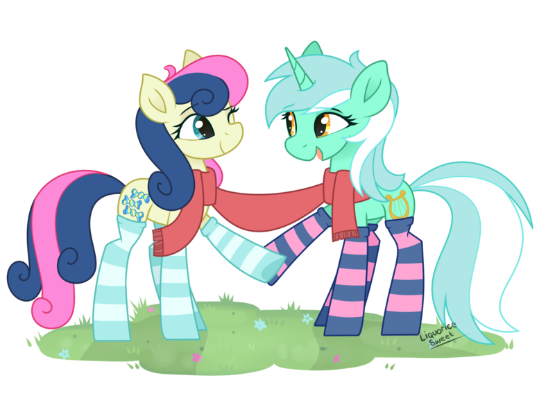 Size: 1400x1000 | Tagged: safe, artist:liquorice_sweet, derpibooru import, bon bon, lyra heartstrings, sweetie drops, earth pony, pony, unicorn, clothes, cute, female, lesbian, lyrabon, mare, one eye closed, open mouth, scarf, shared clothing, shared scarf, shipping, simple background, socks, striped socks, transparent background