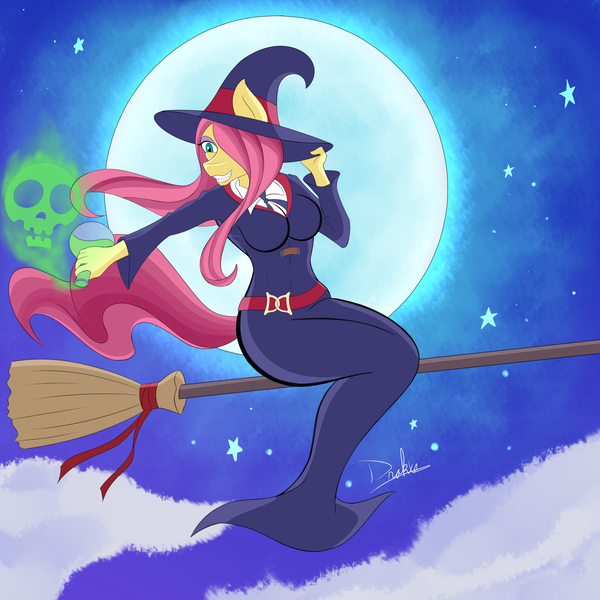 Size: 5000x5000 | Tagged: safe, artist:drakxs, derpibooru import, fluttershy, anthro, bat pony, breasts, broom, busty fluttershy, clothes, cosplay, costume, female, flutterbat, flutterbitch, flying, flying broomstick, hat, little witch academia, moon, night, race swap, solo, stars, sucy manbavaran, witch, witch hat