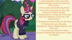 Size: 1920x1080 | Tagged: safe, derpibooru import, edit, edited screencap, editor:jaredking203, screencap, moondancer, pony, unicorn, amending fences, clothes, description is relevant, facts, female, glasses, mare, smiling, solo, sweater