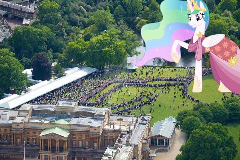 Size: 1024x682 | Tagged: safe, artist:cheezedoodle96, artist:princesslunayay, derpibooru import, princess celestia, alicorn, human, pony, britain, buckingham palace, celestia is amused, clothes, cute, cutelestia, deviantart, deviantart watermark, dress, england, female, gala dress, garden party, giant alicorn, giant ponies in real life, giant pony, giantess, giantlestia, grass, highrise ponies, irl, irl human, london, macro, mare, obtrusive watermark, photo, ponies in real life, tree, united kingdom, watermark