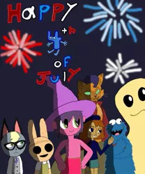 Size: 815x981 | Tagged: 4th of july, animal crossing, animal crossing: new horizons, battle for bfdi, battle for dream island, capper dapperpaws, clancy, cookie monster, crossover, derpibooru import, four (bfb), gloop, holiday, my little pony: the movie, questionette, raymand (animal crossing), safe, sesame street, smile for me, the herculoids, the midnight gospel