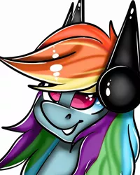 Size: 960x1200 | Tagged: safe, artist:tessa_key_, derpibooru import, rainbow dash, pegasus, pony, elements of insanity, bust, female, grin, headphones, mare, rainbine, rainbine ears, simple background, smiling, solo, white background