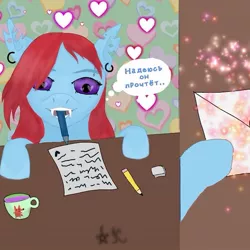 Size: 655x655 | Tagged: safe, artist:starly_but, derpibooru import, oc, unofficial characters only, pony, bust, comic, cup, ear piercing, earring, fangs, heart, jewelry, letter, mouth hold, mouth writing, pen, pencil, piercing