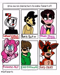 Size: 591x739 | Tagged: safe, artist:doodlyarts, derpibooru import, pinkie pie, anthro, earth pony, human, pony, wolf, six fanarts, :p, animatronic, anthro with ponies, bendy and the ink machine, blushing, boris the wolf, bust, clothes, crossover, cuphead, cuphead (character), eddsworld, eyepatch, female, five nights at freddy's, foxy, male, mare, one eye closed, pacman eyes, steven universe, tongue out, unshorn fetlocks, waving, wink