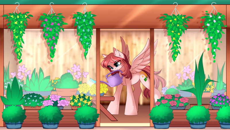 Size: 4483x2536 | Tagged: safe, artist:airiniblock, derpibooru import, oc, oc:moonflower, unofficial characters only, pegasus, pony, commission, female, flower, flower shop, rcf community, solo, watering can