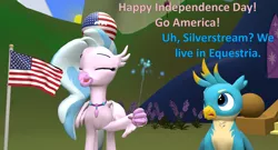 Size: 1762x952 | Tagged: safe, artist:red4567, derpibooru import, gallus, silverstream, gryphon, hippogriff, 3d, american flag, atg 2020, chest fluff, claw hold, independence day, jewelry, necklace, newbie artist training grounds, polandball, sitting, source filmmaker, sparkler (firework), united states