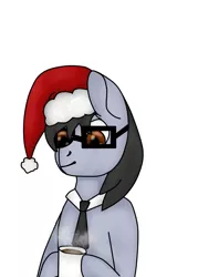 Size: 1543x2160 | Tagged: safe, artist:ask ragic, derpibooru import, oc, oc:silver bristle, unofficial characters only, earth pony, pony, christmas, coffee, coffee cup, cup, digital art, glasses, hat, holiday, male, necktie, santa hat, simple background, smiling, stallion