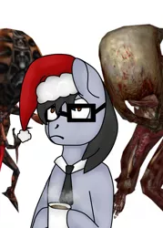 Size: 1543x2160 | Tagged: safe, artist:ask ragic, derpibooru import, oc, oc:silver bristle, unofficial characters only, earth pony, pony, undead, zombie, christmas, coffee, coffee cup, crossover, cup, digital art, glasses, half-life, hat, holiday, male, necktie, santa hat, simple background, stallion, surprised