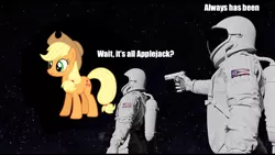 Size: 1200x675 | Tagged: safe, derpibooru import, applejack, pony, american flag, astronaut, context in description, exploitable meme, giant pony, gun, imminent death, macro, meme, planet pony, wait it's all ohio, weapon