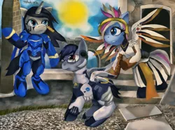 Size: 2560x1917 | Tagged: safe, artist:evescintilla, derpibooru import, oc, oc:eve scintilla, oc:silver bristle, unofficial characters only, earth pony, pony, unicorn, clothes, cosplay, costume, digital art, female, male, mare, overwatch, stallion, sun