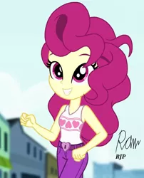 Size: 850x1050 | Tagged: safe, artist:rjp.rammy, derpibooru import, lock heart, equestria girls, belt, clothes, equestria girls-ified, female, grin, heart, jeans, las pegasus resident, pants, sleeveless, smiling, solo, tanktop