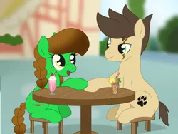 Size: 1771x1335 | Tagged: safe, artist:dyonys, derpibooru import, oc, oc:lucky brush, oc:night chaser, earth pony, female, freckles, holding hooves, husband and wife, ice tea, looking at each other, male, mare, milkshake, oc x oc, open mouth, scar, shipping, show accurate, sitting, stallion
