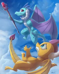Size: 1600x2000 | Tagged: artist:auroriia, artist:rocket-lawnchair, bloodstone scepter, collaboration, derpibooru import, dragon, dragoness, dragon lord ember, duo, female, flying, looking at each other, princess ember, safe, smiling, smolder